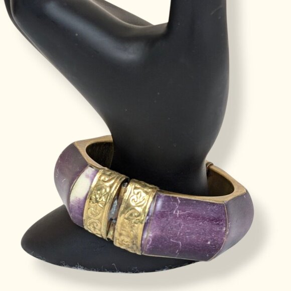 V. Purple Brass & Bone Locking Hinge Bracelet - Picture 3 of 8